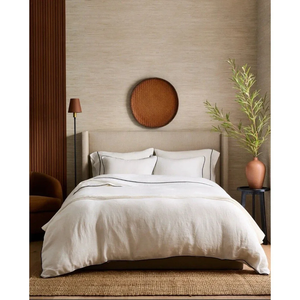 Quince European Linen Piped Duvet Cover Set King Cal King White Black New $204